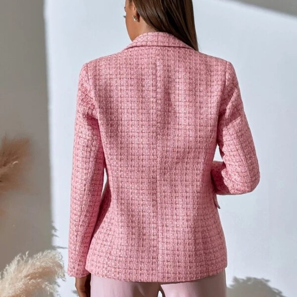 Classic Tweed Plaid Double Breasted Blazer Pink - Picture 3 of 6
